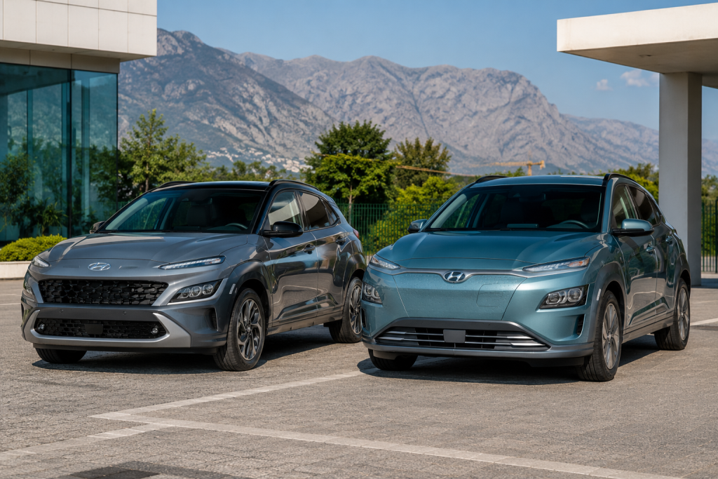 Hyundai Kona бензин чи електро – бензинова та електрична версії кросовера поруч для чесного порівняння
