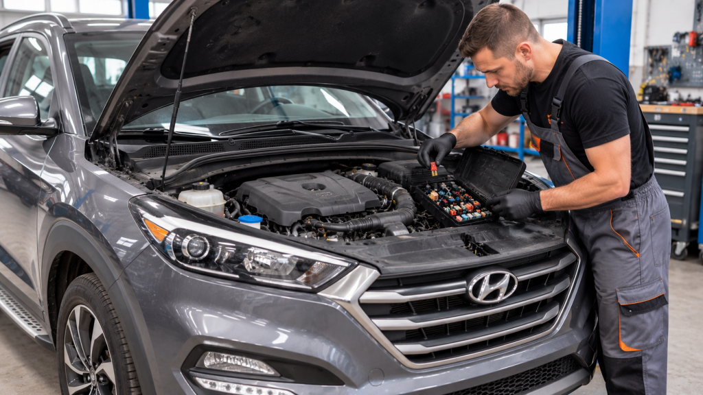 Блок запобіжників Hyundai Tucson TL під капотом
